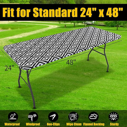 Smiry Rectangle Table Cloth Cover, Waterproof Elastic Fitted Picnic Tablecloth for 4 Foot Tables, Wipeable Flannel Backed Vinyl Tablecloths for Camping, Dining, Outdoor (Black, 24" x 48")