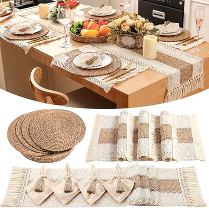 4 Sets Boho Decoration Placemats Round Woven Placemats, Cloth Napkins, Wood by Gandeer