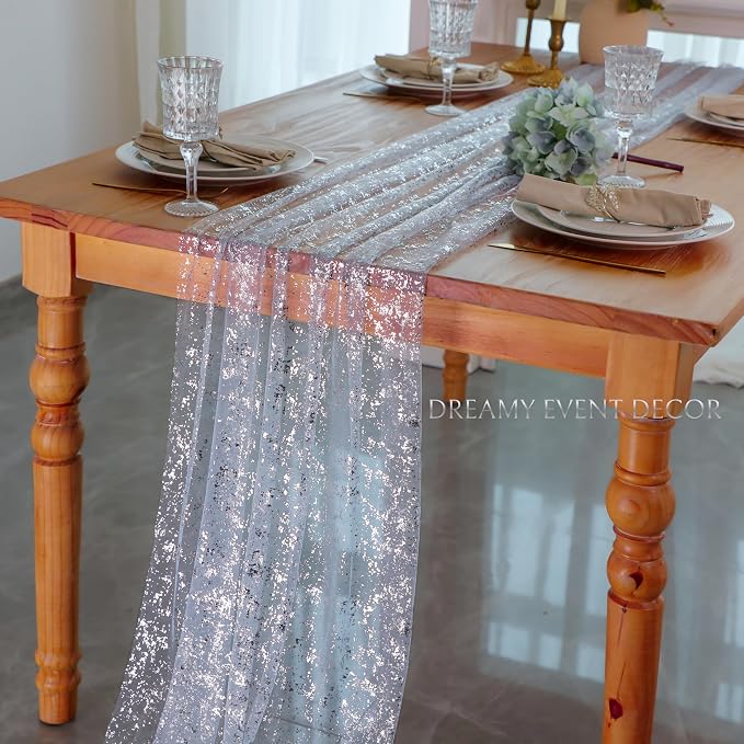 Snowkingdom Light Blue Silver Gauze Table Runner 10ft 120 inch Glitter Sheer - Image 4
