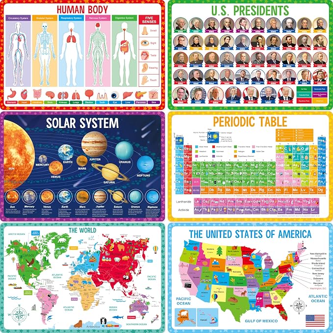 6 Pack Placemats for Kids, Non-Slip Washable, Reusable Universe, Periodic Table by SpriteGru