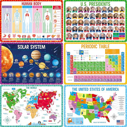 6 Pack Placemats for Kids, Non-Slip Washable, Reusable Universe, Periodic Table by SpriteGru