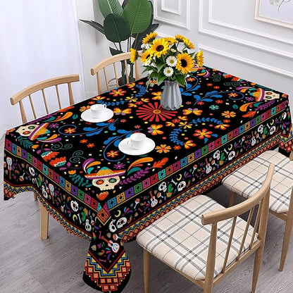 Mexican Tablecloth Rectangle 60 x 84 Inch, Cinco De Mayo Flower Skull Table Cloth Fiesta Indoor Decorations for Dining Room Party
