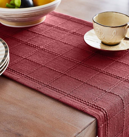 Linen Checked Farmhouse Table Runner, 13x108 Inches Burgundy | Raised Grid - Image 5