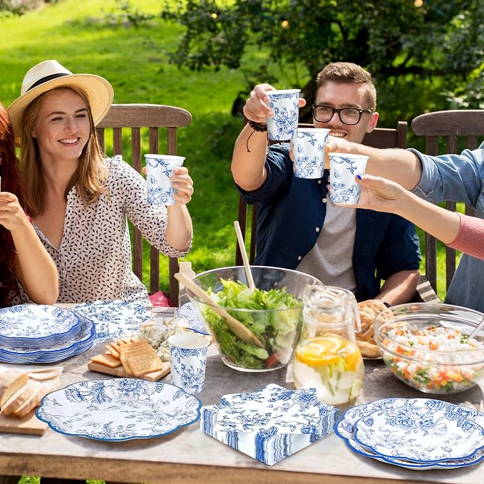 Kochorie 144 Pieces Blue Floral Paper Plates and Napkins Party Supplies - Image 7