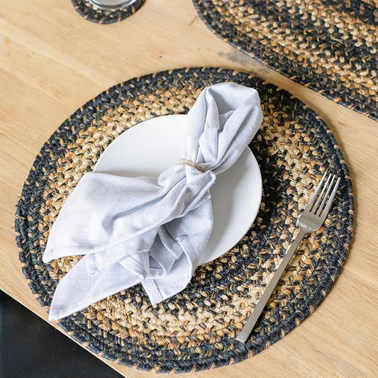Homespice Kilimanjaro Jute Woven Round Placemats Set of 6, 15", Warm Primitive Decor, Black and Tan Table Mats - Vibrant Colors, Durable, Easy to Clean and Protects Furniture