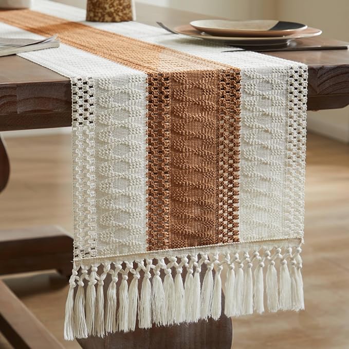 Macrame Style Bicolor Stitching Table Runner 14x90in Caramel | Woven Boho Table - Image 7
