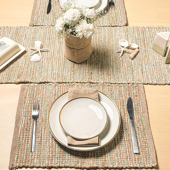 Natural Jute Sage Green-White Placemats, 13x19 | Rustic Handmade Boho Table Mats - Image 5