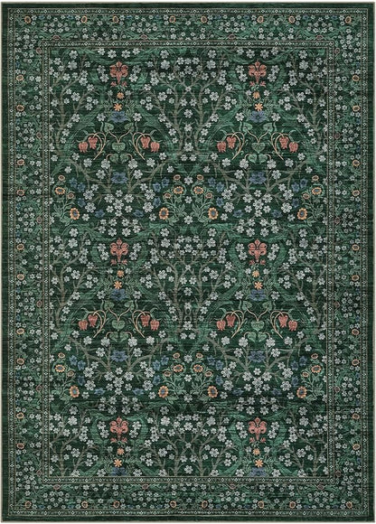 GarveeHome Floral Area Rugs 5x7, Washable Rug for Living Room, Bedroom, Low Pile Non Slip Stain Resistance Indoor Boho Carpet Mat for Farmhouse, Dining Room, Office, Dark Green