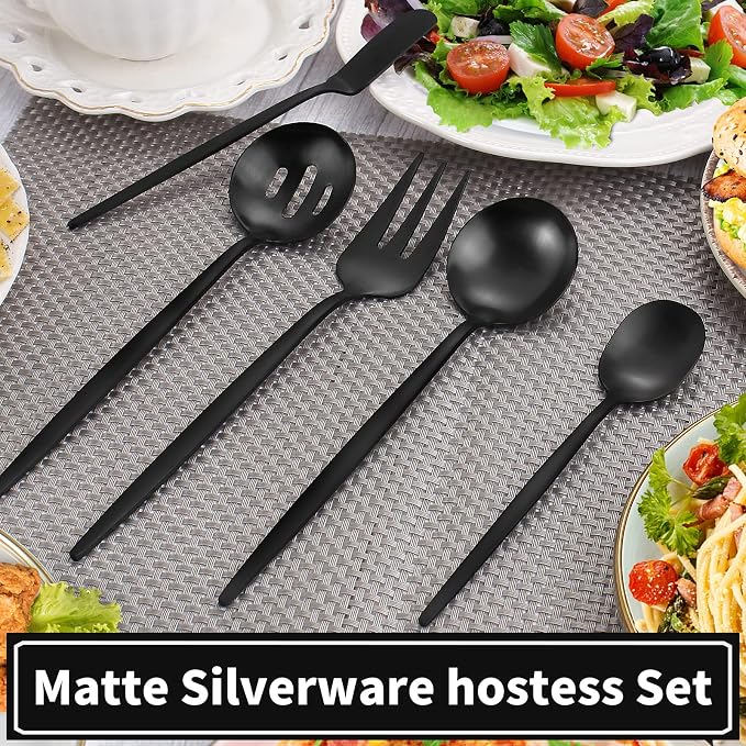 VANVRO Matte Black Serving Silverware Set, 5-Piece Round Shared Utensils Set of - Image 5