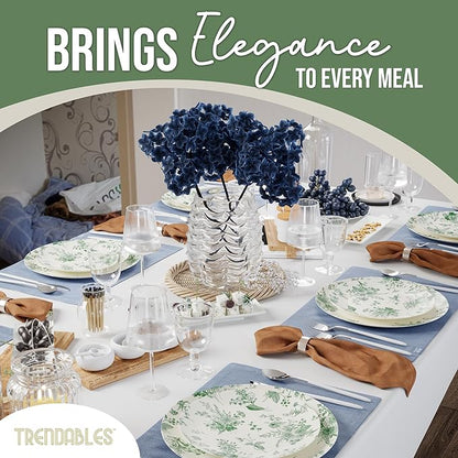 Trendables 40 Piece Plastic Disposable Plates Set For 20 Guests I 20 X 8 Inch Dessert Plates & 20 X 10 Inch Wedding Party Plates | Ivory & Green Verdure Design