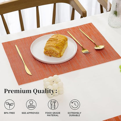 Leetaltree Orange Placemats Set of 12 - Heat Resistant Non-Slip Place mats for Dining Table, Washable Durable PVC Vinyl Woven Table Mats（Orange, 12）
