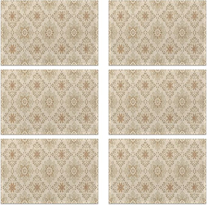 Elegant Beige and Brown Floral Pattern 12x18 Inch Placemats Set of 6 - Waterproof, Non-Slip & Washable Table Mats for Kitchen & Dining Table Placemats