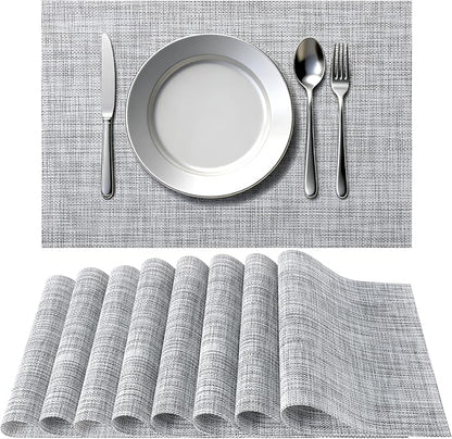 Timeet Placemats Set of 8, Heat Resistant Non-Slip Place Mats for Dining Table, Durable Washable PVC Vinyl Woven Table Mats, Linen Textured Placemats for Kitchen Resistant Easy to Clean(Gray