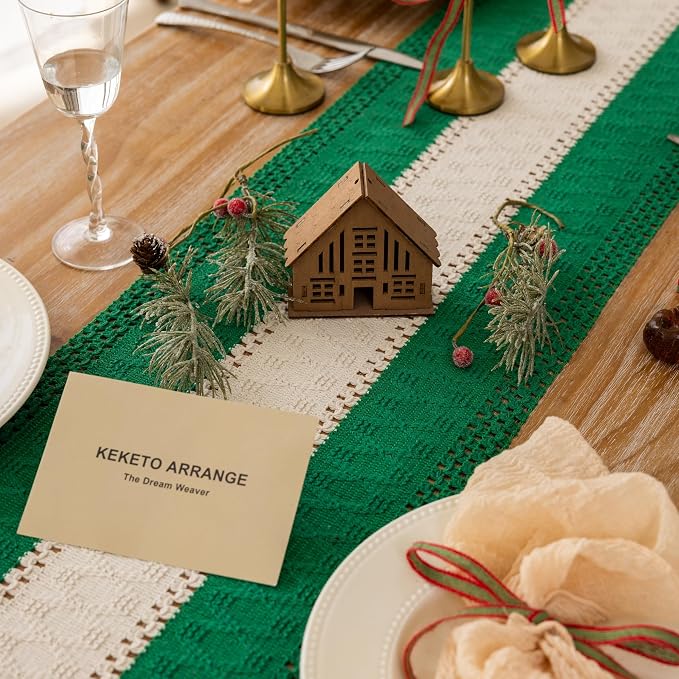 Keketoarrange Christmas Green Boho Table Runner 12x48 Inch | Woven Burlap - Image 2
