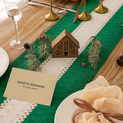 Keketoarrange Christmas Green Boho Table Runner 12x48 Inch | Woven Burlap - Image 2