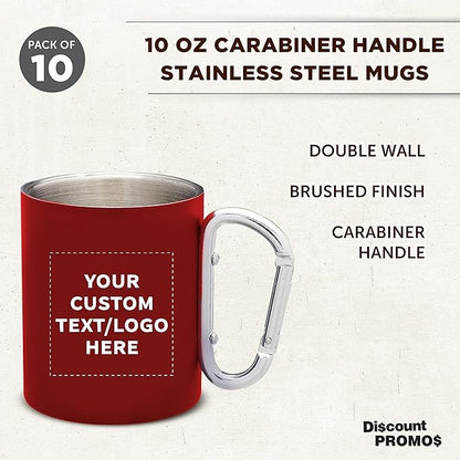 Custom Stainless Steel Mugs with Carabiner Handle 10 oz. Set of 10, Personalized Bulk Pack - Perfect for Coffee, Soda, Other Hot & Cold Beverages - Red