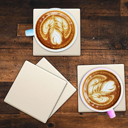 10 4" Square Ceramic Coasters Set - Cork Bottom, Serve Ware - Natural