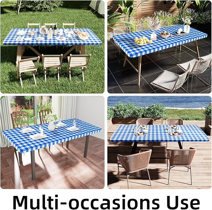 Smiry Rectangle Picnic Table Cloth, Elastic Waterproof Fitted Vinyl Tablecloths, Flannel Backed Buffalo Plaid Table Covers for Dining, Camping, Outdoor (White and Blue, 36" x 96")