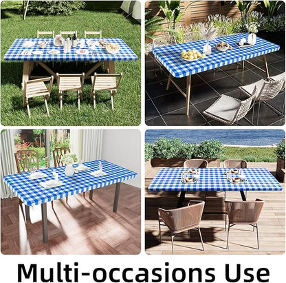 Smiry Rectangle Picnic Table Cloth, Elastic Waterproof Fitted Vinyl Tablecloths, Flannel Backed Buffalo Plaid Table Covers for Dining, Camping, Outdoor (White and Blue, 36" x 96")