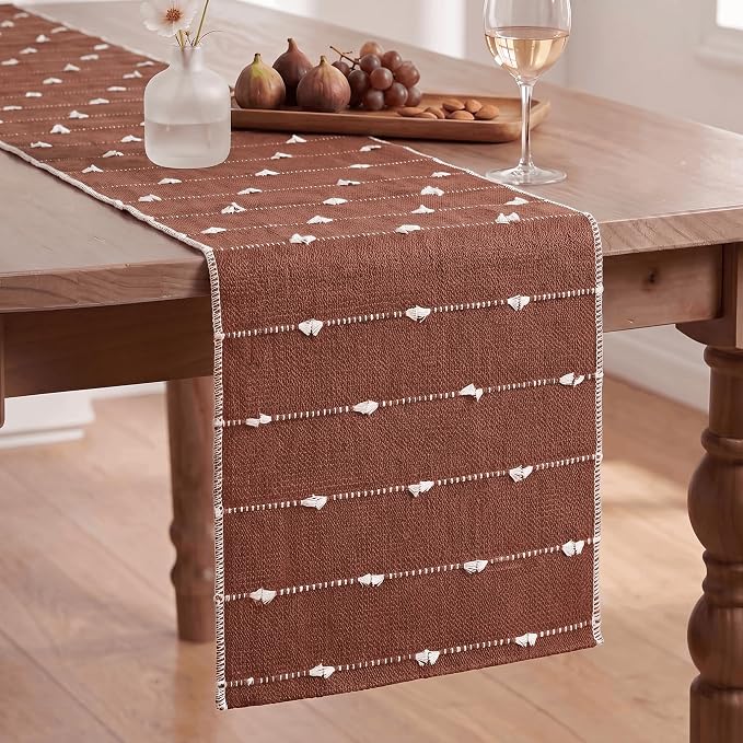 Artoid Mode Caramel Farbic Rustic Cotton Woven Table Runner, Farmhouse Fall - Image 2