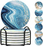 Drink Coasters with Holder, Ceramic Drink Coaster Sets of 6, Marble Blue Ocean Style Absorbent Ceramic Coasters with Cork Base for Home Decor, Kitchen, Gift, Bar, Coffee Table(4 Inches)