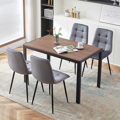 5 PCS Dining Table Set for 4, Modern Engineered Wood Table Walnut Wipe Clean with 4 Upholstered Velvet Home Chair Soft No Arms Accent Chairs with Back for Small Spaces
