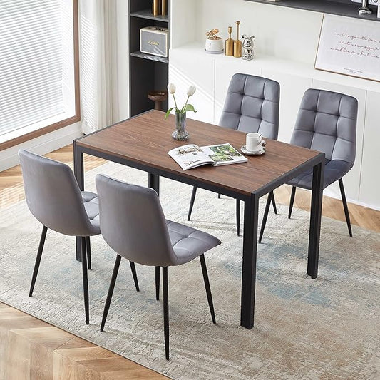 5 PCS Dining Table Set for 4, Modern Engineered Wood Table Walnut Wipe Clean with 4 Upholstered Velvet Home Chair Soft No Arms Accent Chairs with Back for Small Spaces