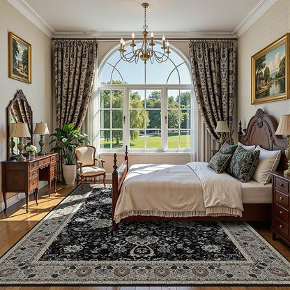 Deerly 6x9 Vintage Rugs for Dining Room, Washable Rugs Non Slip Large Area Rug for Living Room Bedroom Office, Floor Decoration Big Rug Mat Low-Pile Kid & Pet Friendly(Blcak Navy Multi