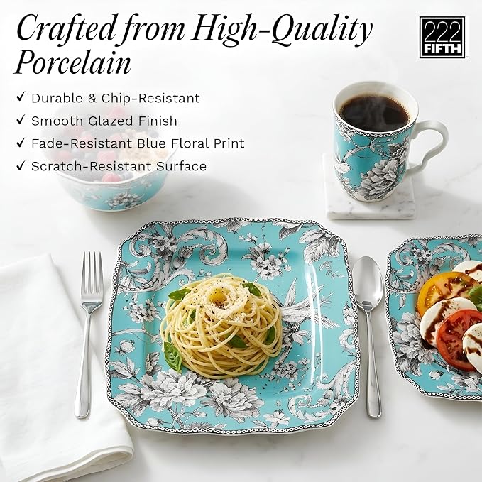 222 Fifth Adelaide Turquoise 16-Piece Porcelain Dinnerware Set | Microwave and - Image 6