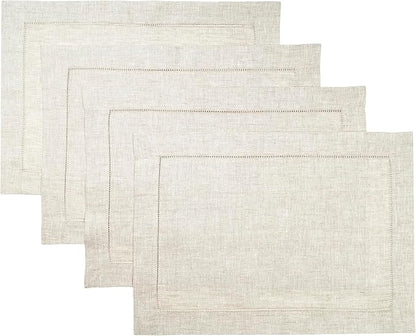 D'Moksha Homes Light Natural Linen Cloth Placemats Set of 4-100% Pure Linen Hemstitch Placemats 14 x 19 Inch - Classic Hemstitch Table Place Mats for Valentines, Easter - Machine Washable