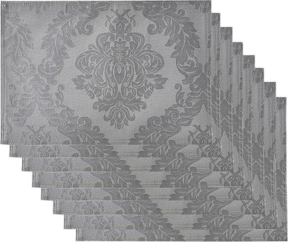 Place Mats Set of 8 – Rectangle Rectangular Waterproof Fabric Polyester Cloth Washable Wipeable Heat Resistant Placemats for Kitchen Dining Dinner Table Indoor 13 X 19 Inch Grey