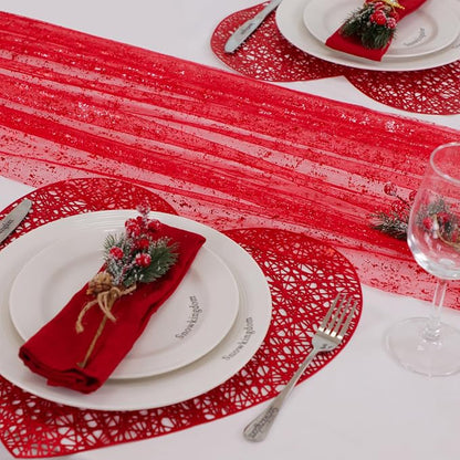 Snowkingdom 6 Pcs Red Glitter Table Runner 10 FT, Sheer Chiffon Sparkle Gauze - Image 7
