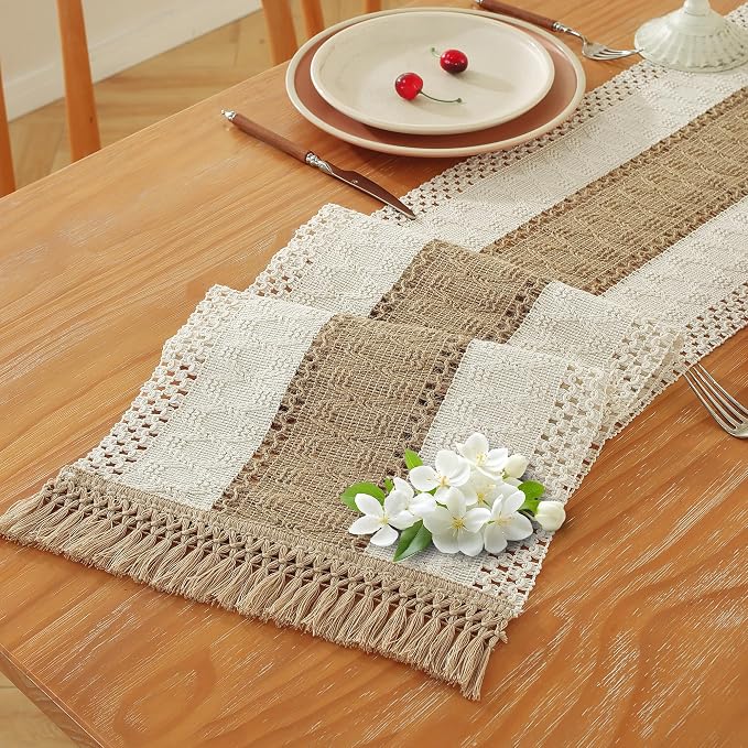 Boho Table Runner for Brown White Tassel Home Decor 90 Inches Long, Modern - Image 6