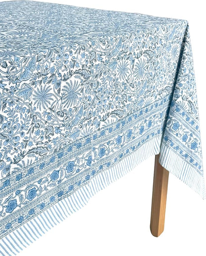 ATOSII Butterfly Blue 100% Cotton Rectangle Summer Tablecloth, Handblock Floral Print Linen Table Cloth for Kitchen Dining I Parties, Weddings, Outdoors, Decor 60 X 90 Inches, 6 Seater
