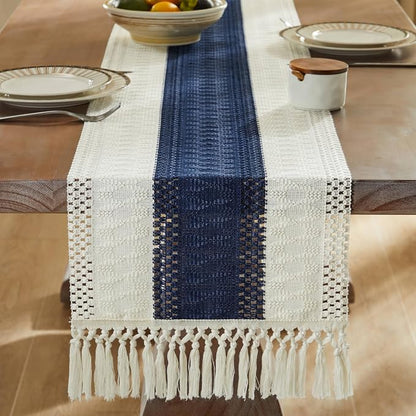 Macrame Style Bicolor Stitching Table Runner 14x90in Navy Blue | Woven Boho - Image 3