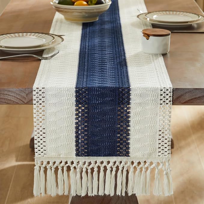 Macrame Style Bicolor Stitching Table Runner 14x36in Navy Blue | Woven Boho - Image 3