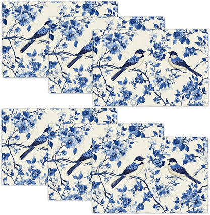 Flower Bird Placemats Set of 6, Blue Birds Place Mats,Blue and White Floral Waterproof Washable Table Mats for Home Party Indoor Kitchen Dining Table Decoration 12x18 Inch