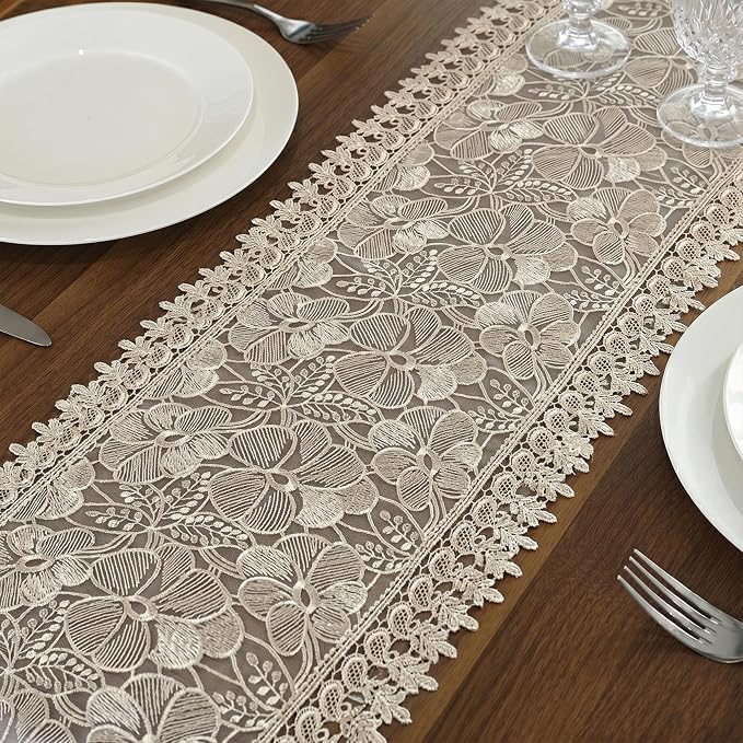 SIOLOC Champagne Lace Table Runner 14x48, Embroidered Floral Cutwork | Elegant - Image 3