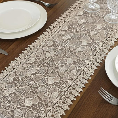 SIOLOC Champagne Lace Table Runner 14x48, Embroidered Floral Cutwork | Elegant - Image 3