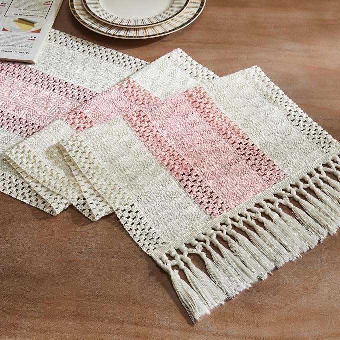 Macrame Style Bicolor Stitching Table Runner 14x108in Light Pink | Woven Boho by ZEEMARTONLINE