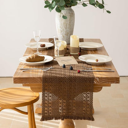 Fall Thanksgiving Boho Macrame Brown Table Runner 13x36 Inch | Woven Burlap - Image 2