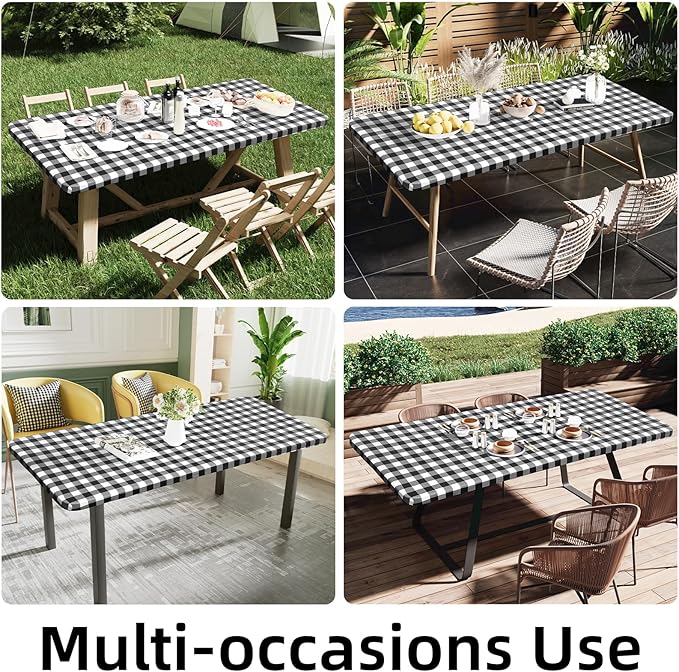 Smiry Rectangle Picnic Table Cloth, Elastic Waterproof Fitted Vinyl Tablecloths, Flannel Backed Buffalo Plaid Table Covers for Dining, Camping, Outdoor (Black and White, 30" x 72")
