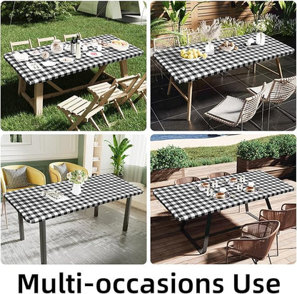 Smiry Rectangle Picnic Table Cloth, Elastic Waterproof Fitted Vinyl Tablecloths, Flannel Backed Buffalo Plaid Table Covers for Dining, Camping, Outdoor (Black and White, 36" x 96")