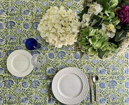 ATOSII Amara Green 100% Cotton Rectangle Fall Tablecloth, Handblock Floral Print Linen Table Cloth for Kitchen Dining I Parties, Weddings, Outdoors, Easter I Home Decor 60 X 90 Inches I 6 Seater