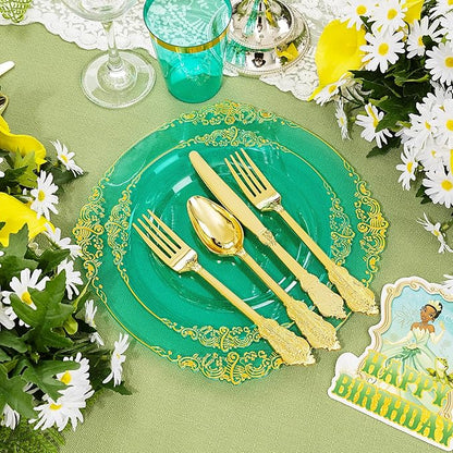 Hioasis 350pcs Green and Gold Plastic Plates - Green Party Plates for 50 Guest, Include 100 Heavy-duty Plates(20% Thicker Than Standard), 150 Cutlery Set, 50 Napkin, 50 Cups for St. Patrick's Day