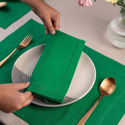 D'Moksha Homes Kelly Green Linen Napkins Set of 4 - Classic Hemstitch 100% Pure Linen Hemstitch Dinner Napkins 20 x 20 Inch for St Patricks Day, Easter - Handcrafted and Machine Washable