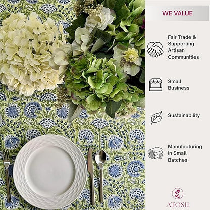 ATOSII Amara 100% Cotton Round Fall Tablecloth, Handblock Print Floral Table Cloth for Kitchen Dining Linen I Parties, Weddings, Christmas, Thanksgiving, Easter Grandmillennial Decor 60" Inches Round