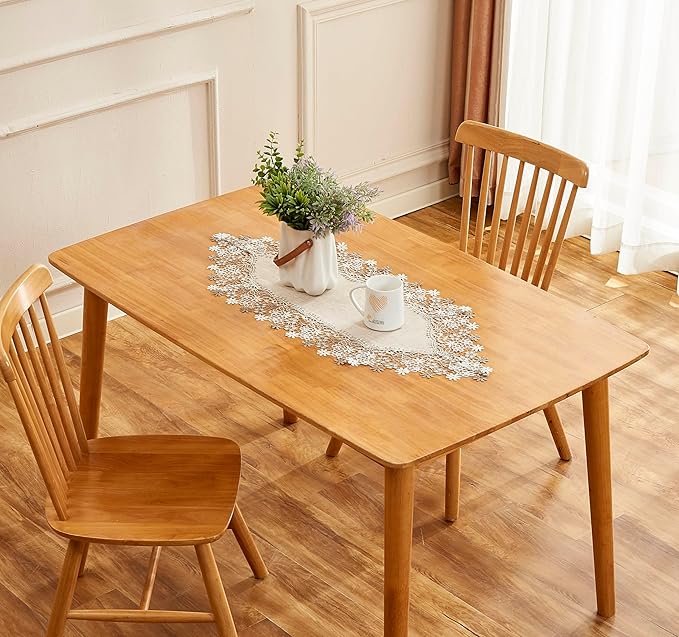Natural Beige Floral Lace Table Runner Dresser Scarf | Rustic Farmhouse Style - Image 4