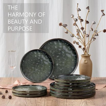 LIANYU Ceramic Dessert Plates Set of 6, 10.2 Inch Kitchen Dinner Plates Set, Porcelain Serving Dishes for Cake, Bread, Salad, Snack and Steak, Microwave, Oven and Dishwasher Safe, Ink Green