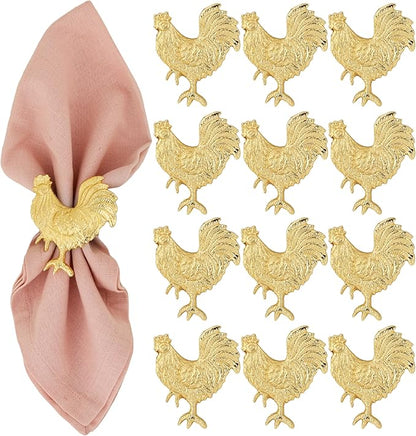 ALPHA Living HOME Set of 12 Rooster Napkin Rings for Farmhouse Table Decor | Premium Metal Chicken Dinnerware Holders | Rustic Kitchen & Holiday Party Table Setting (Gold)